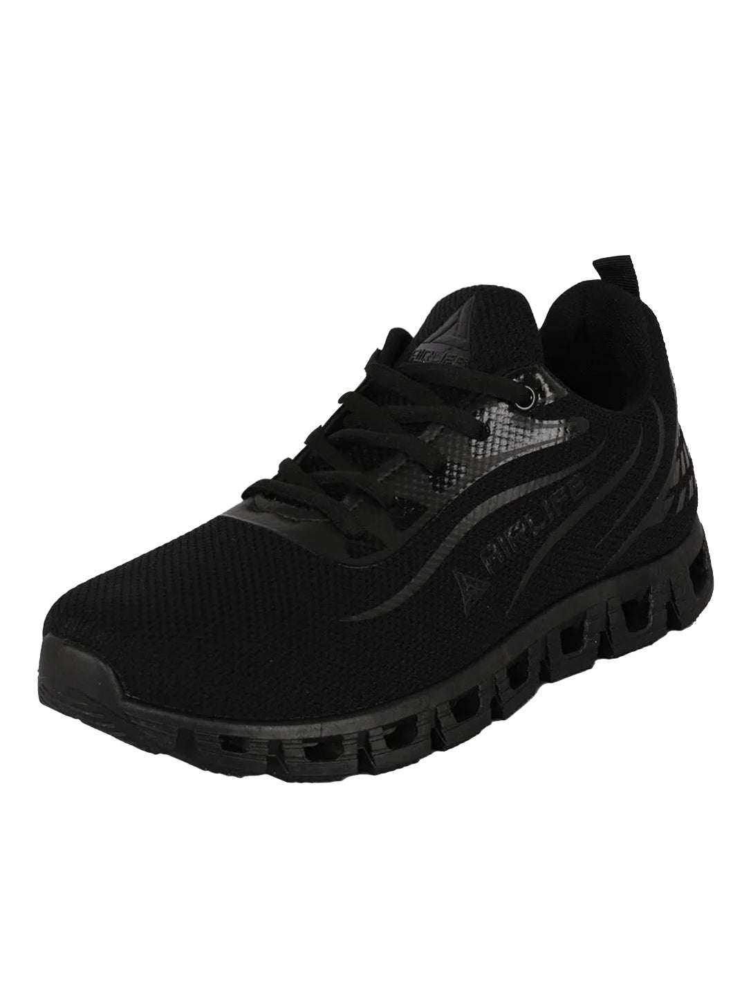 Men's All-Black Mesh Athletic Running Shoes with Hollow Cushioning Sole