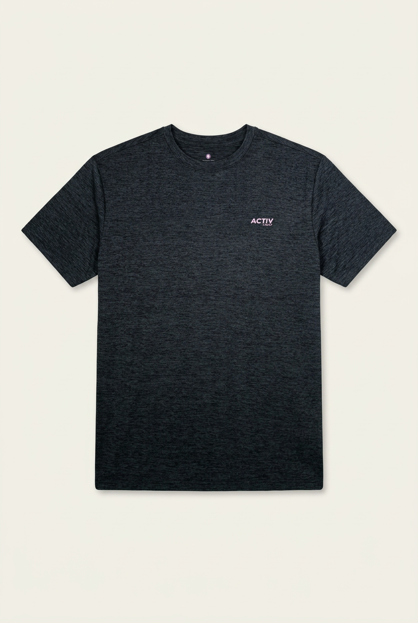 ACTIV NEO Short-Sleeve Performance Athletic T-Shirt with Pink Logo – Heather Dark Charcoal / Black