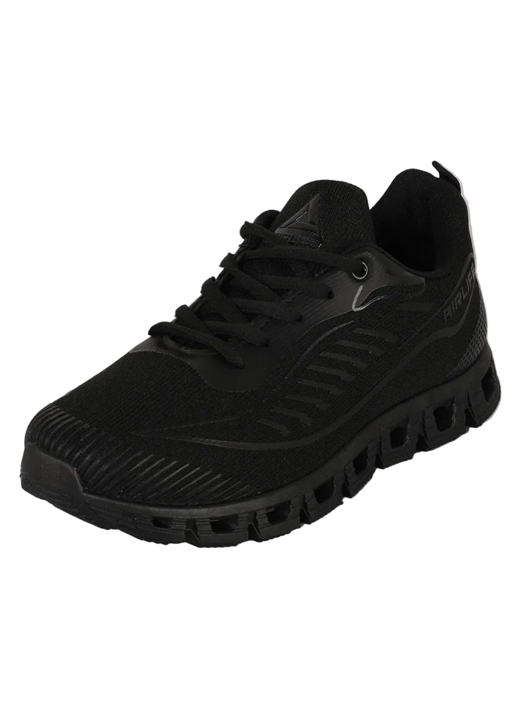 Men's All-Black Mesh Running Shoes with Textured Bumper & Hollow Sole