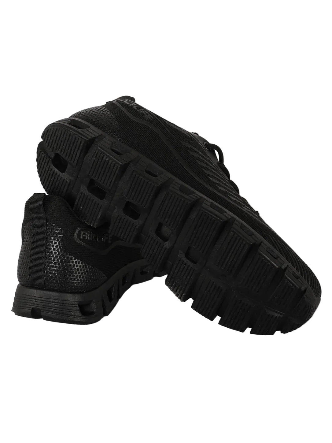 Men's All-Black Mesh Running Shoes with Textured Bumper & Hollow Sole