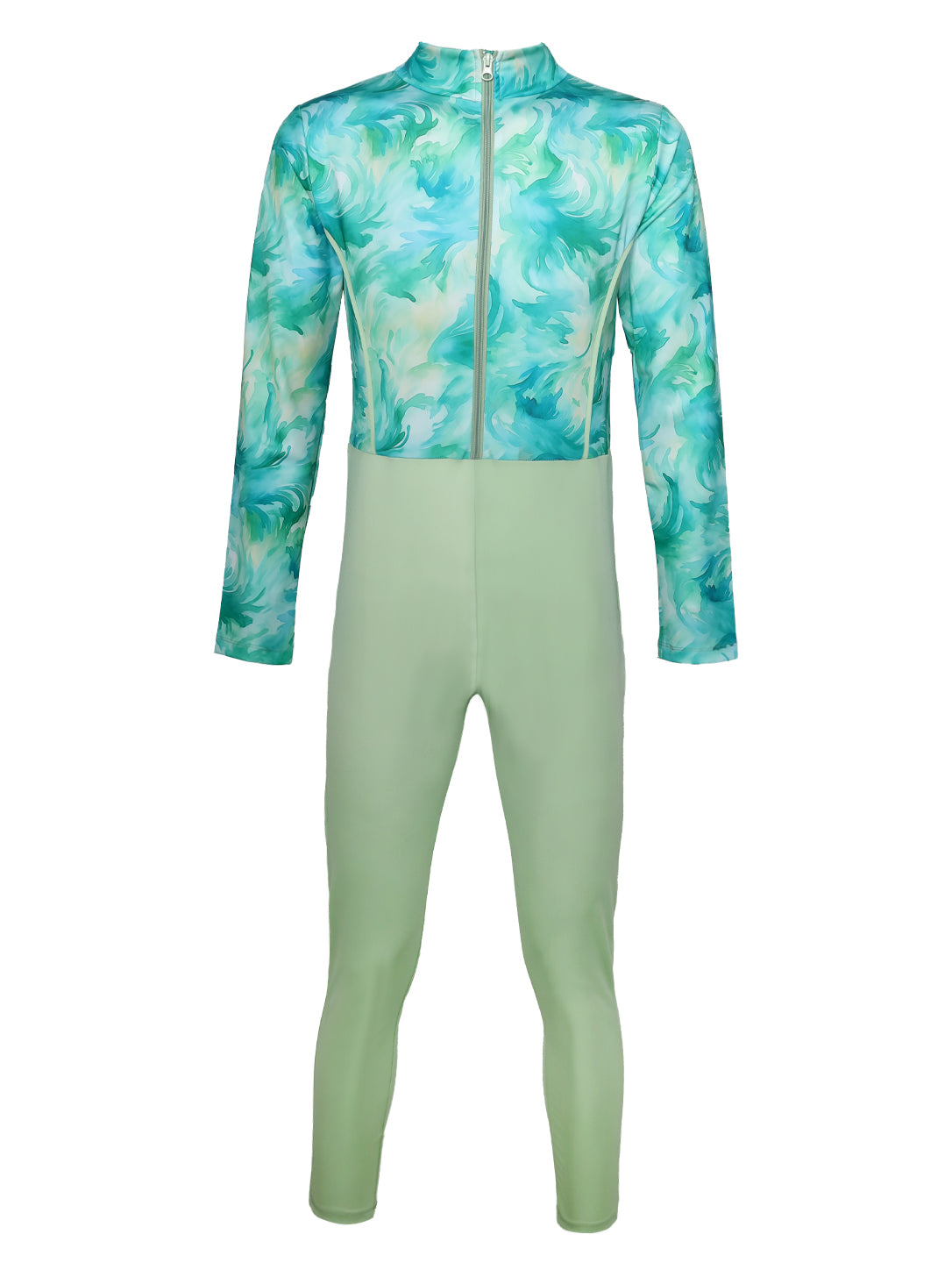 Girls' 3-Piece Full Coverage Modest Swimwear Set – Mint Green Swirl Long Sleeve Front-Zip Jumpsuit, Swim Skirt, and Turban Cap