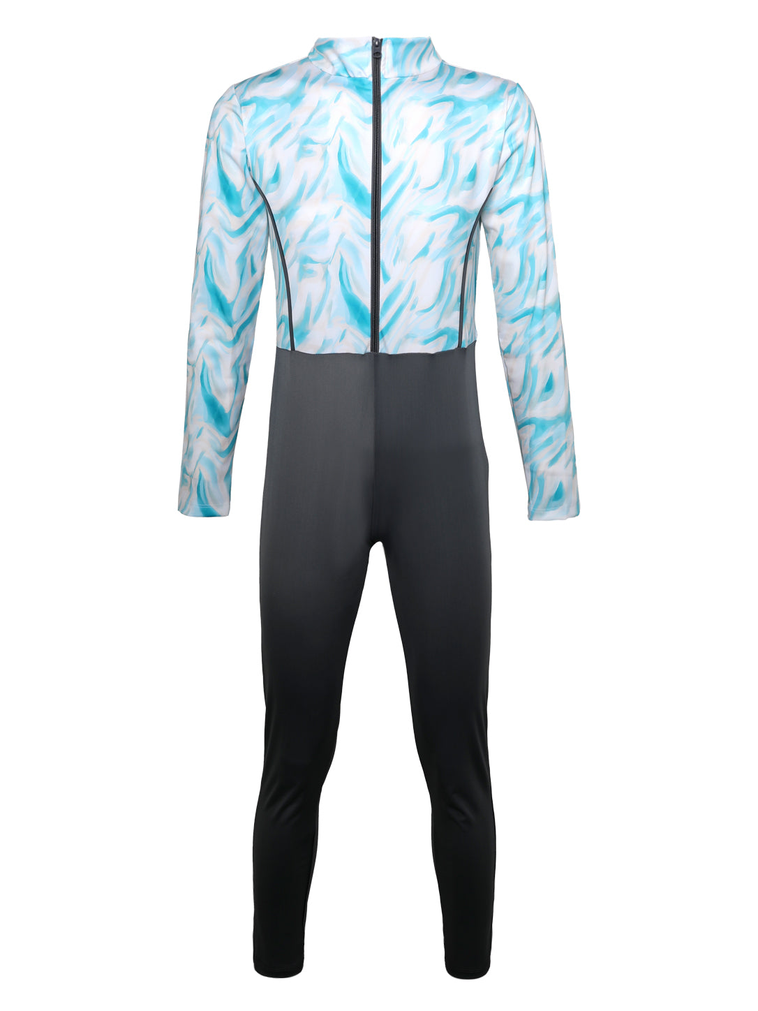 Girls' 3-Piece Full Coverage Modest Swimwear Set – Blue & Grey Printed Long Sleeve Front-Zip Jumpsuit, Swim Skirt, and Turban Cap