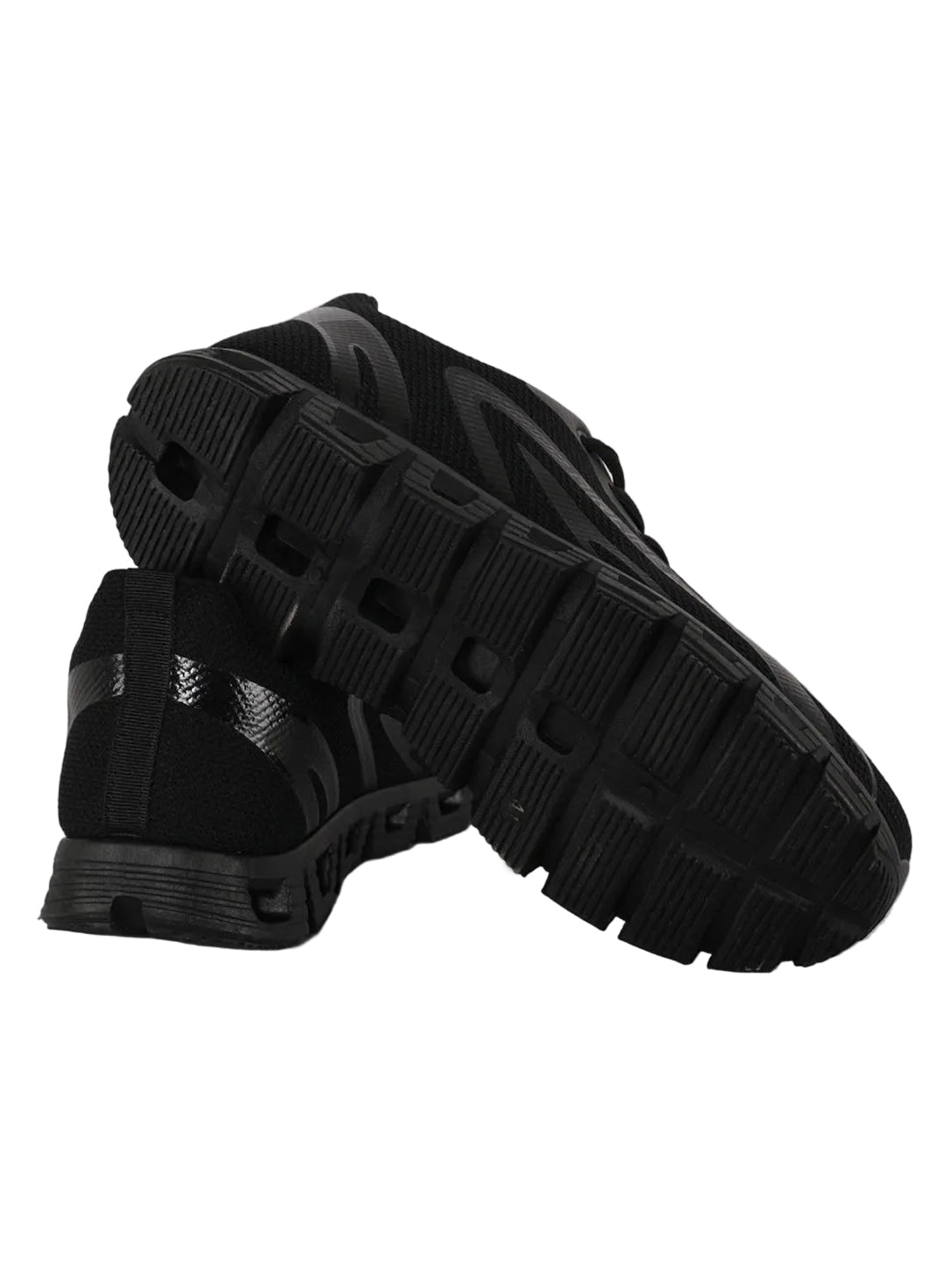 Men's All-Black Mesh Running Shoes with Dynamic Overlays & Hollow Sole