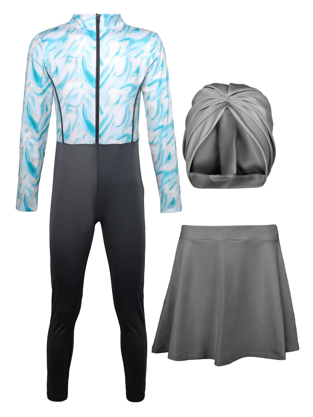 Girls' 3-Piece Full Coverage Modest Swimwear Set – Blue & Grey Printed Long Sleeve Front-Zip Jumpsuit, Swim Skirt, and Turban Cap