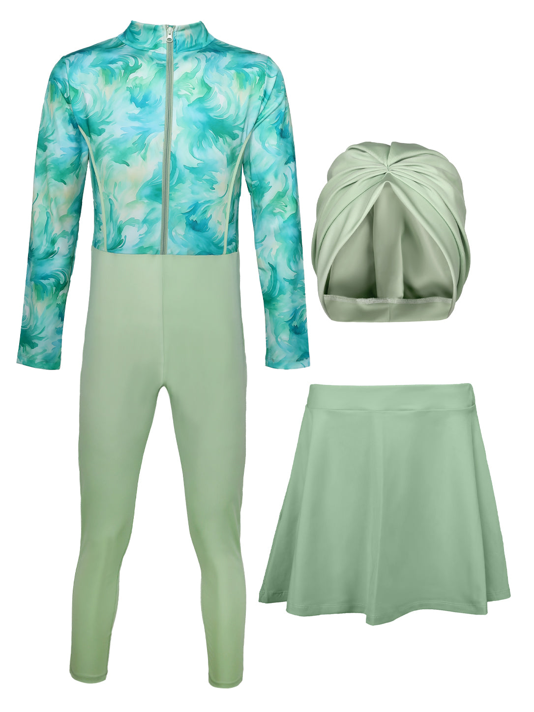 Girls' 3-Piece Full Coverage Modest Swimwear Set – Mint Green Swirl Long Sleeve Front-Zip Jumpsuit, Swim Skirt, and Turban Cap