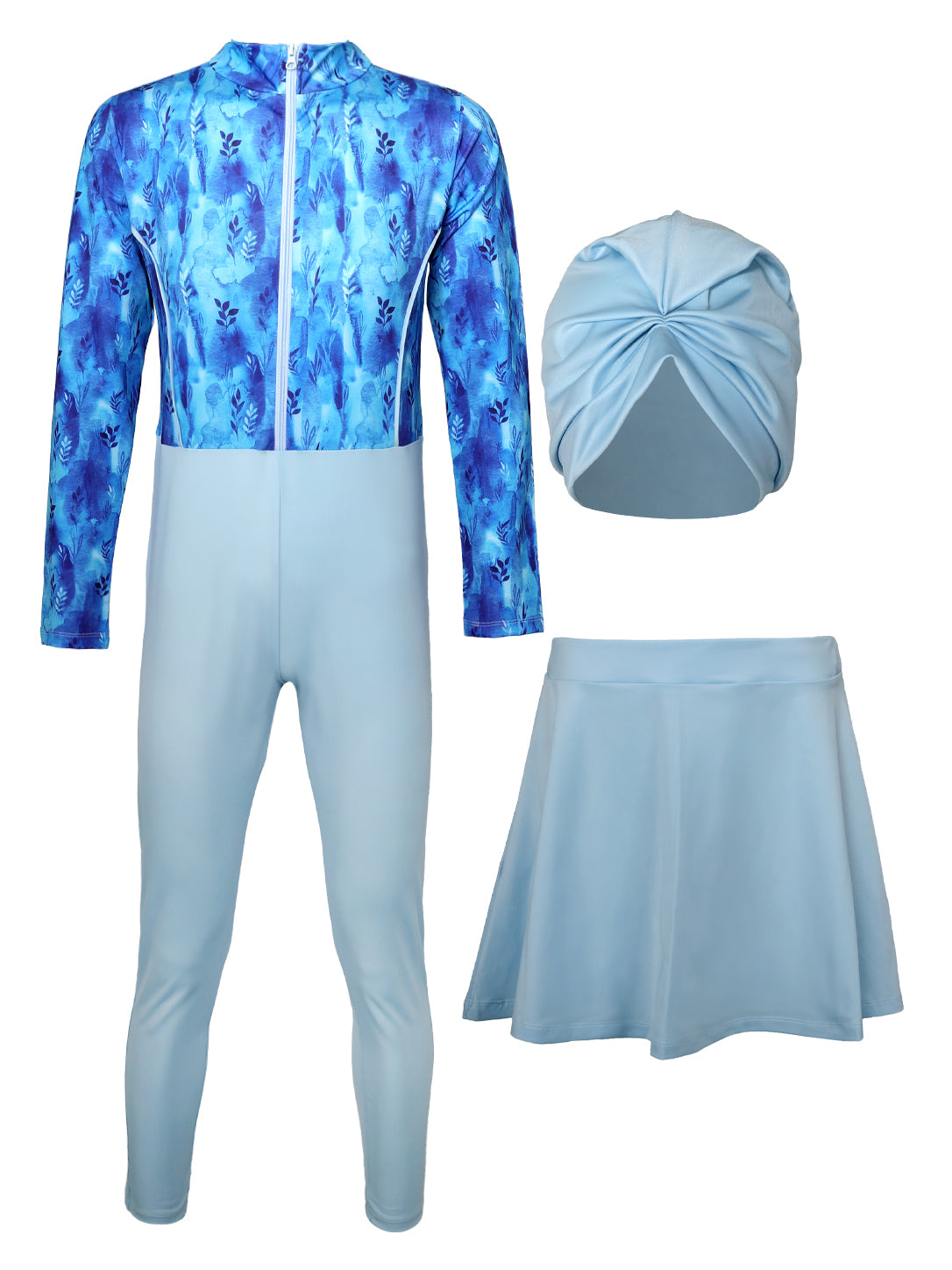 Girls' 3-Piece Full Coverage Modest Swimwear Set – Blue Botanical Print Long Sleeve Front-Zip Jumpsuit, Swim Skirt, and Turban Cap