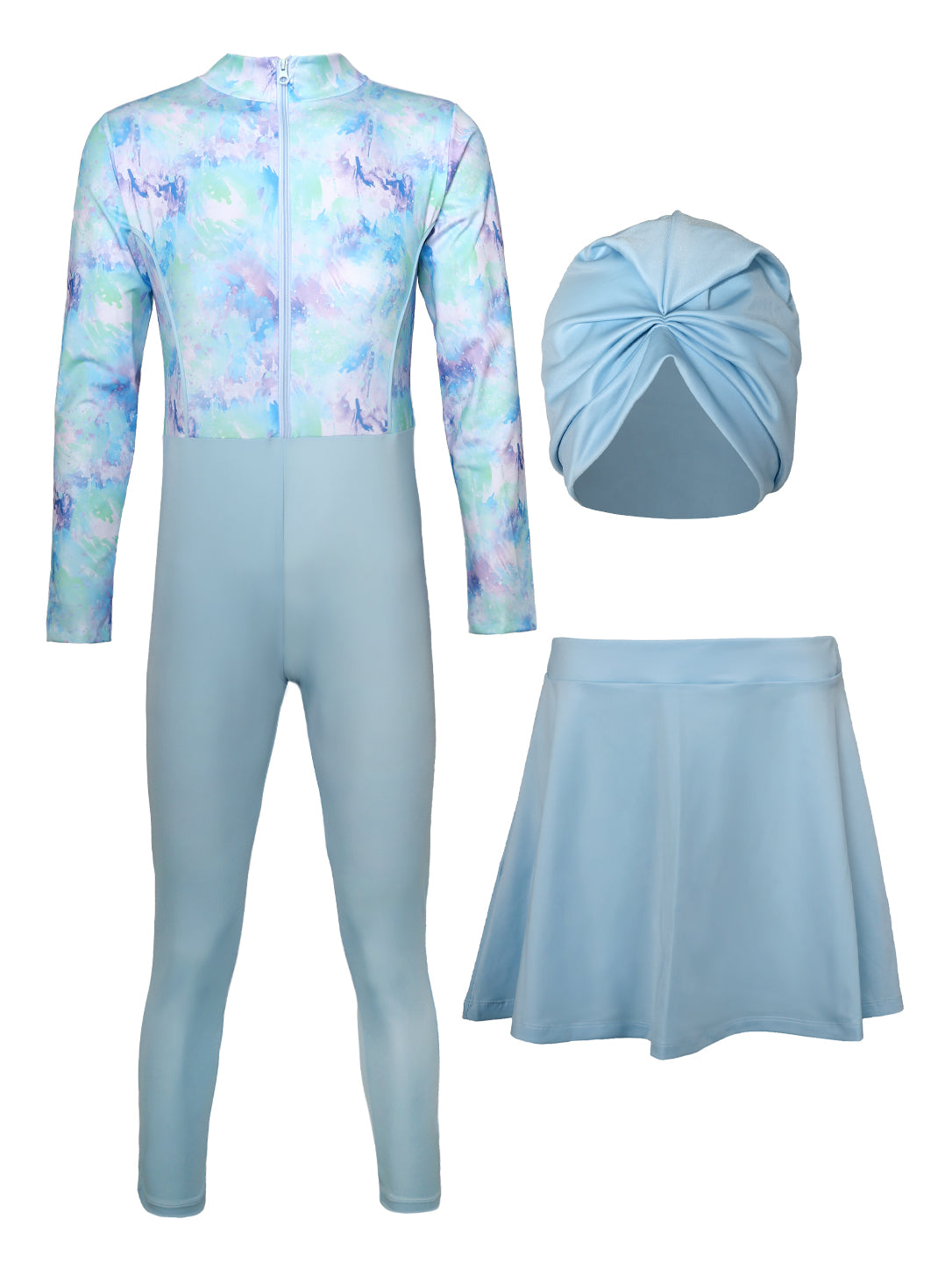 Girls' 3-Piece Full Coverage Modest Swimwear Set – Long Sleeve Front-Zip Jumpsuit, Swim Skirt, and Matching Turban Cap