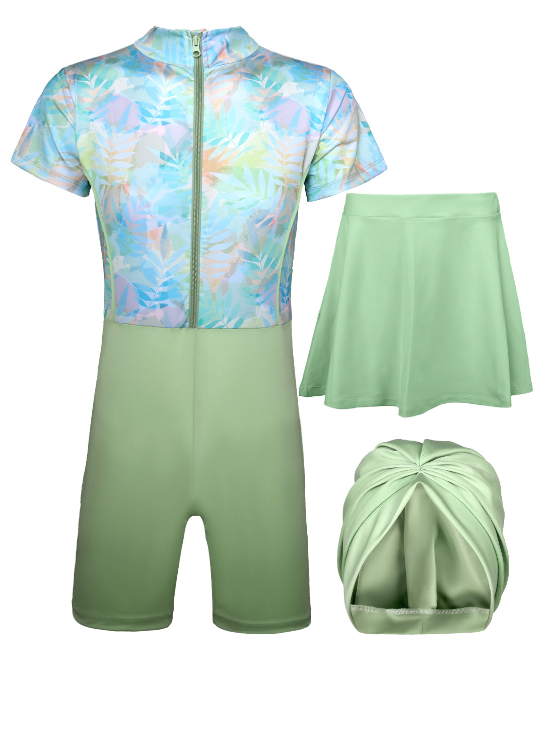 Women's 3-Piece Tropical Leaf Printed Modest Swimsuit Set