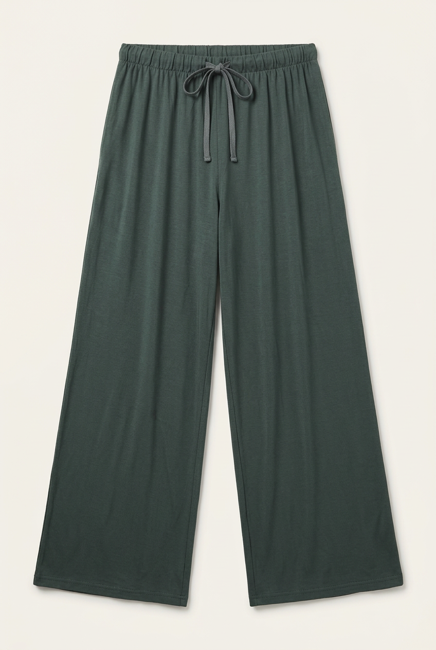 Women's Dark Green Wide-Leg Lounge Pants – Elastic Drawstring Waist Sleepwear Trousers