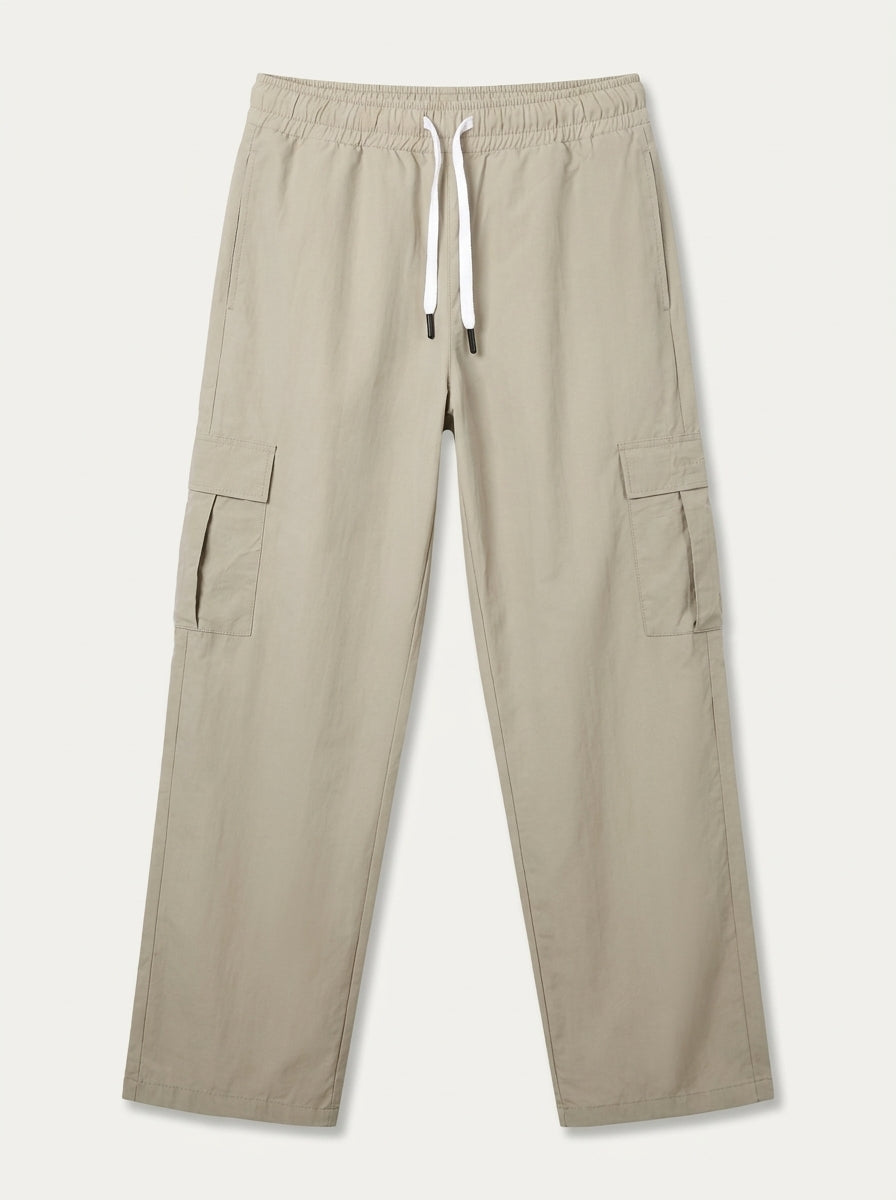 Men's Beige Loose-Fit Cargo Pants – Elastic Drawstring Waist Trousers