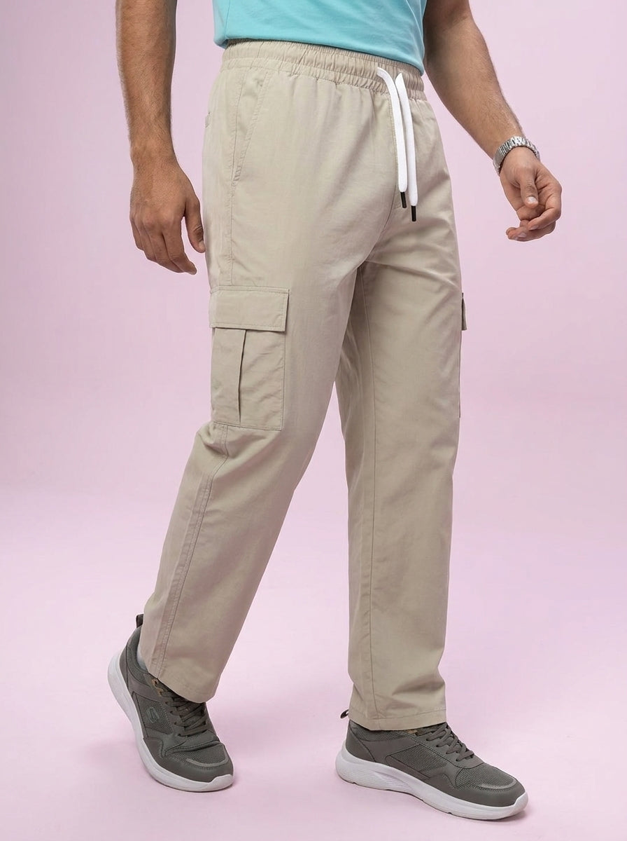 Men's Beige Loose-Fit Cargo Pants – Elastic Drawstring Waist Trousers