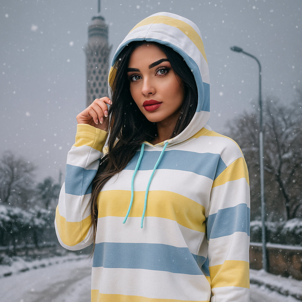 سويت شيرت بغطاء للرأس مخطط من ACTIV - أبيض فاتح*أزرق سماوي