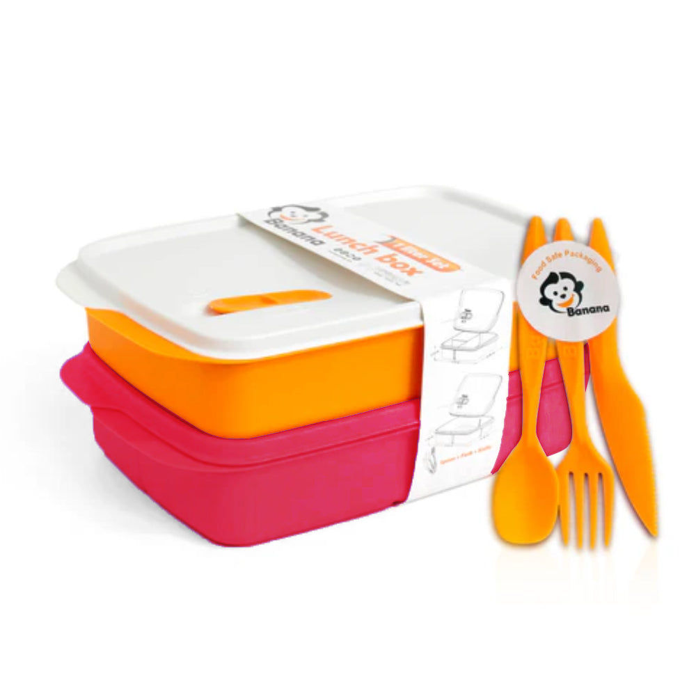 Lunch box set with orange and pink containers and yellow cutlery on a white background