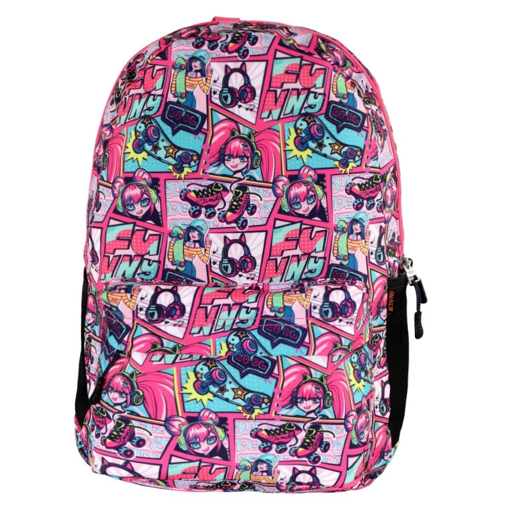 Backpack with colorful cartoon character pattern on a white background