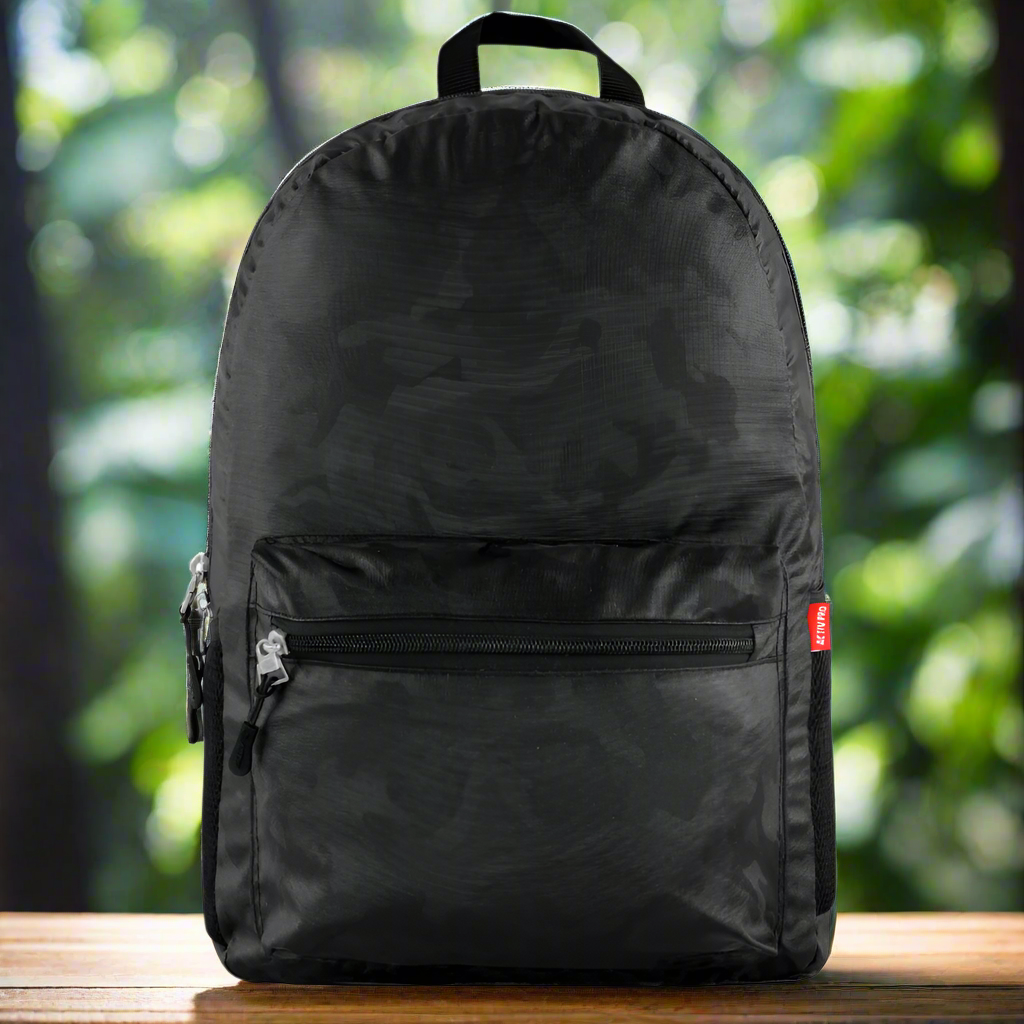 Black camouflage backpack with a red tag on a white background