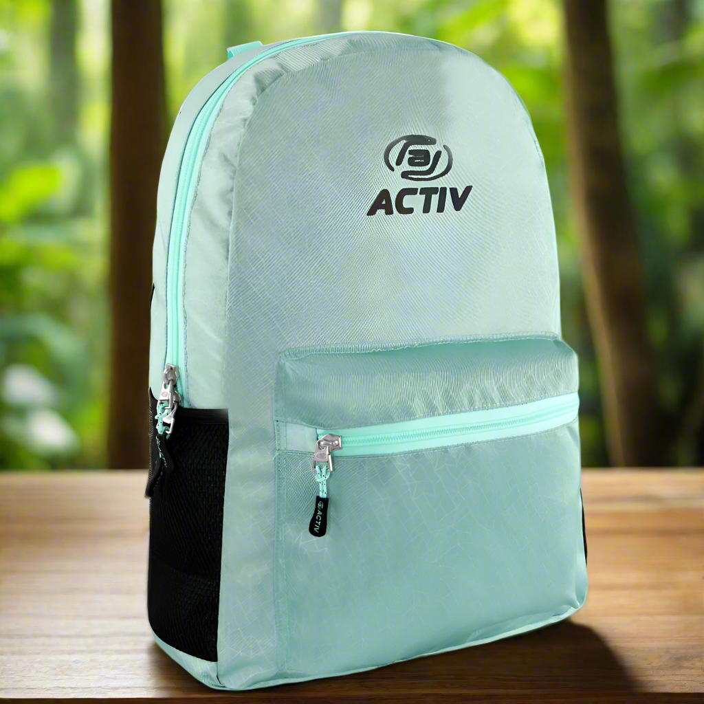 Light blue backpack with 'Activ' logo on a light gray background