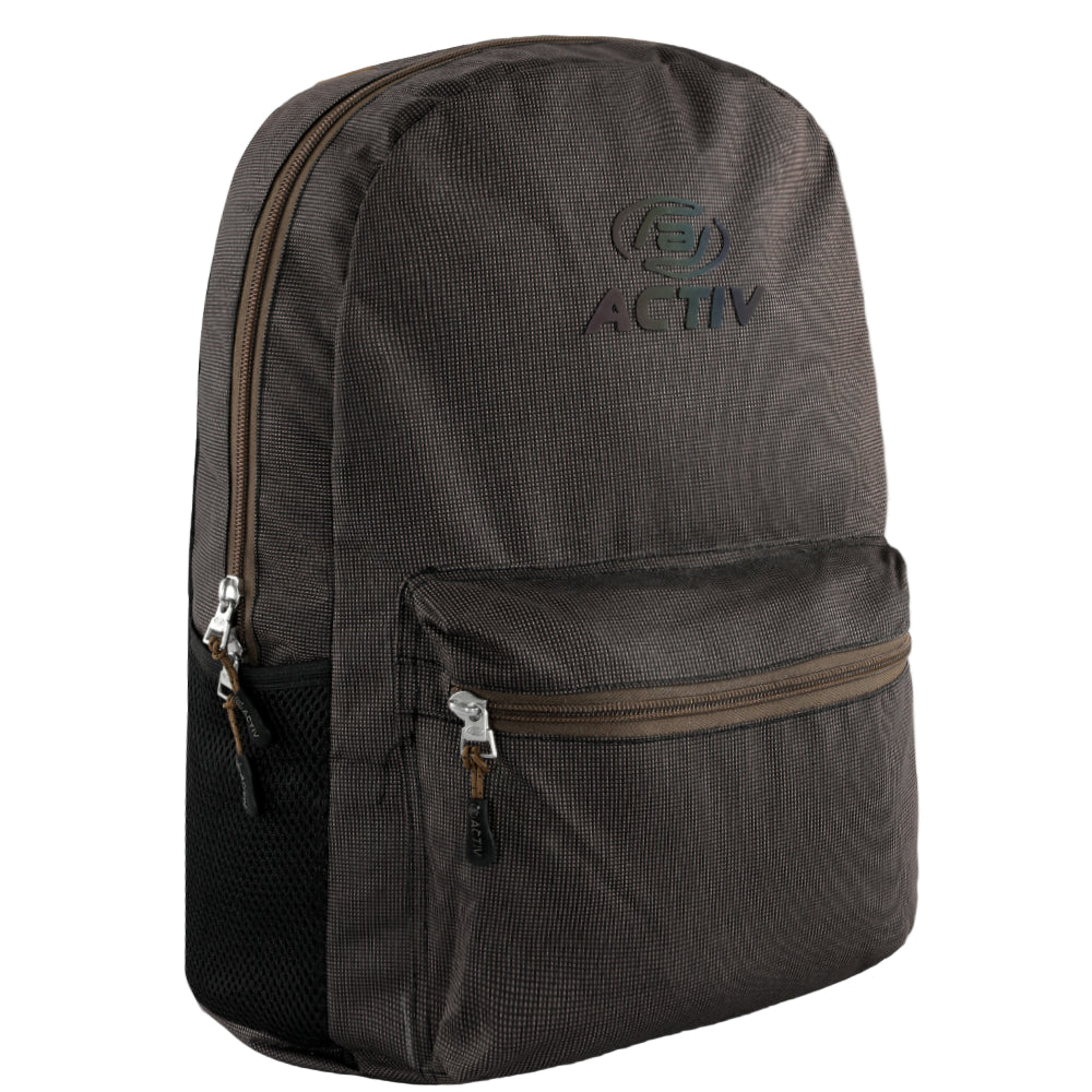 Black backpack with a visible brand logo on a white background