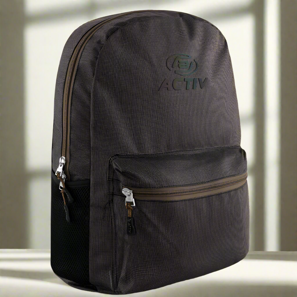 Black backpack with 'ACTV' logo on a light background