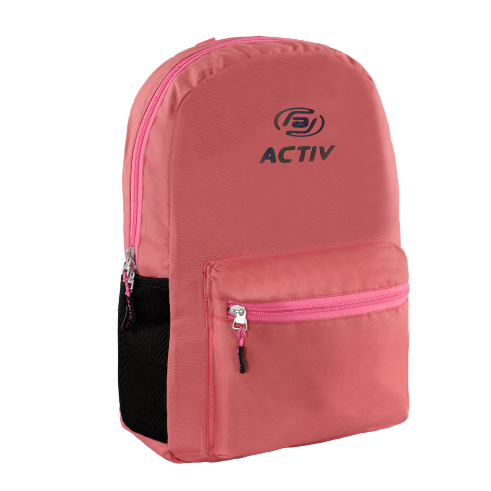 Pink backpack with 'Activ' branding on a white background