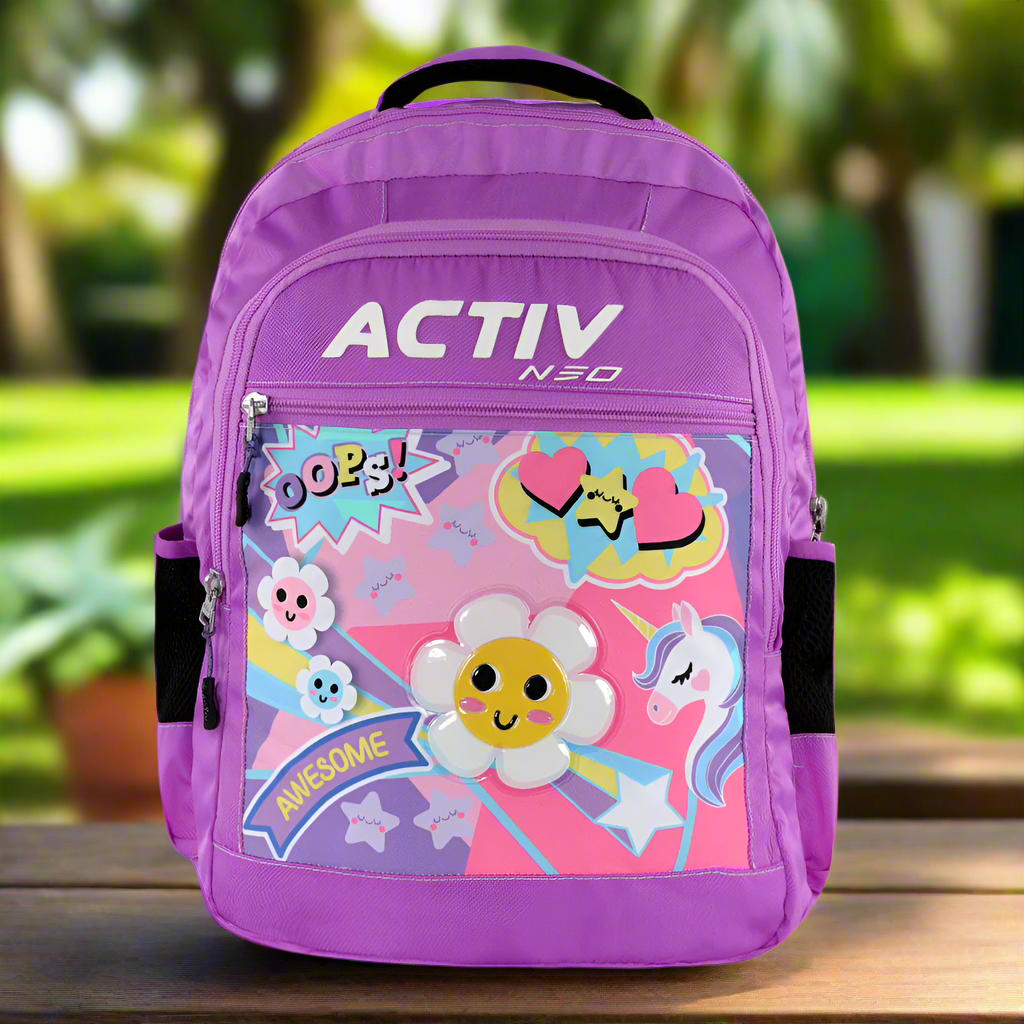Purple backpack with cartoon designs and 'Activ' branding on a white background
