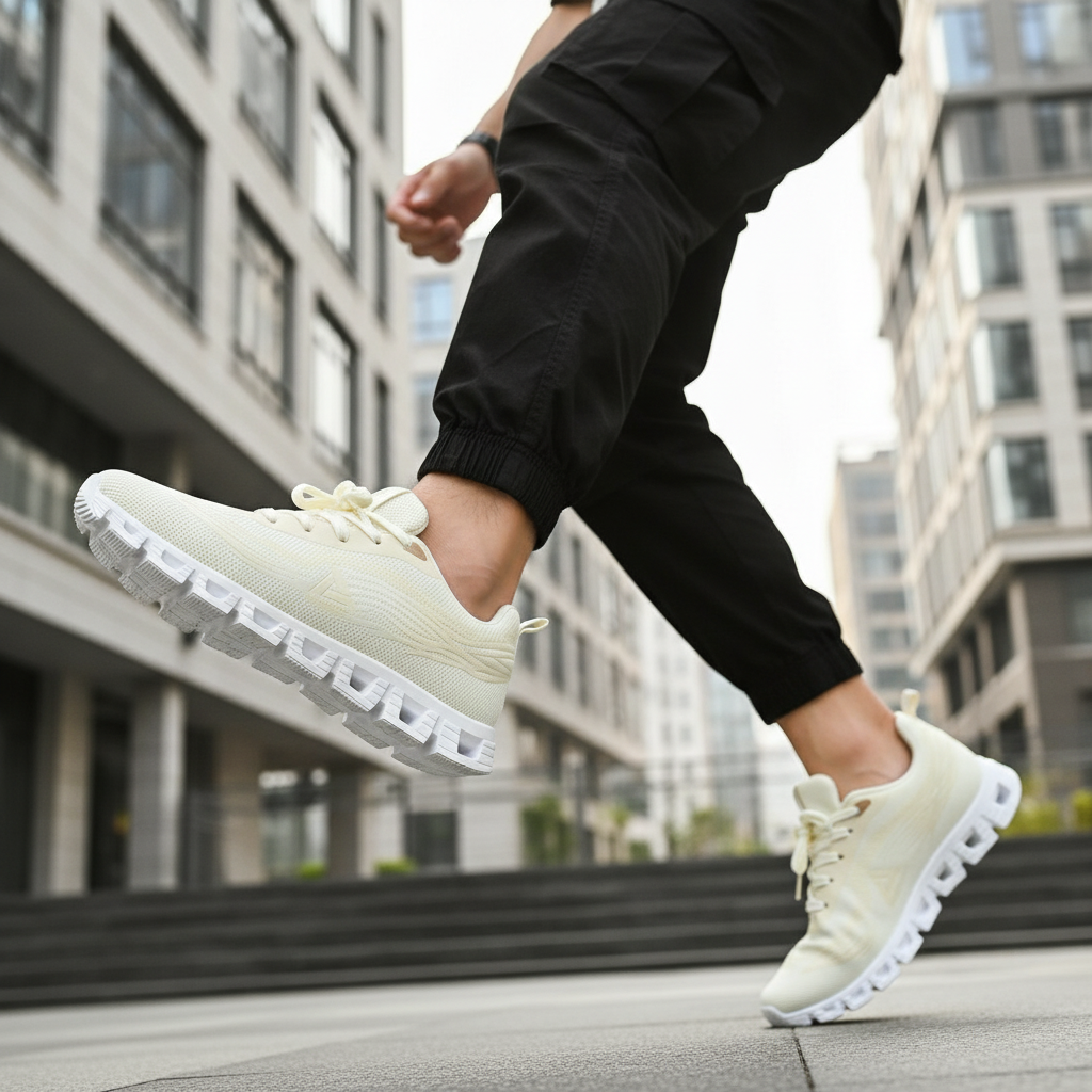 Person wearing light-colored sneakers walking on a city street with blurred buildings in the background