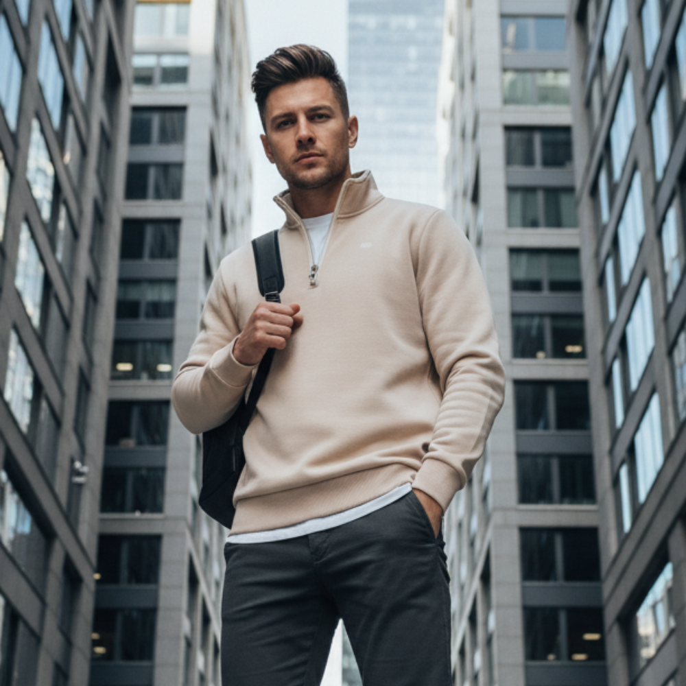 ACTIV EMB H.ZIPPER SWEATSHIRT - BEIGE